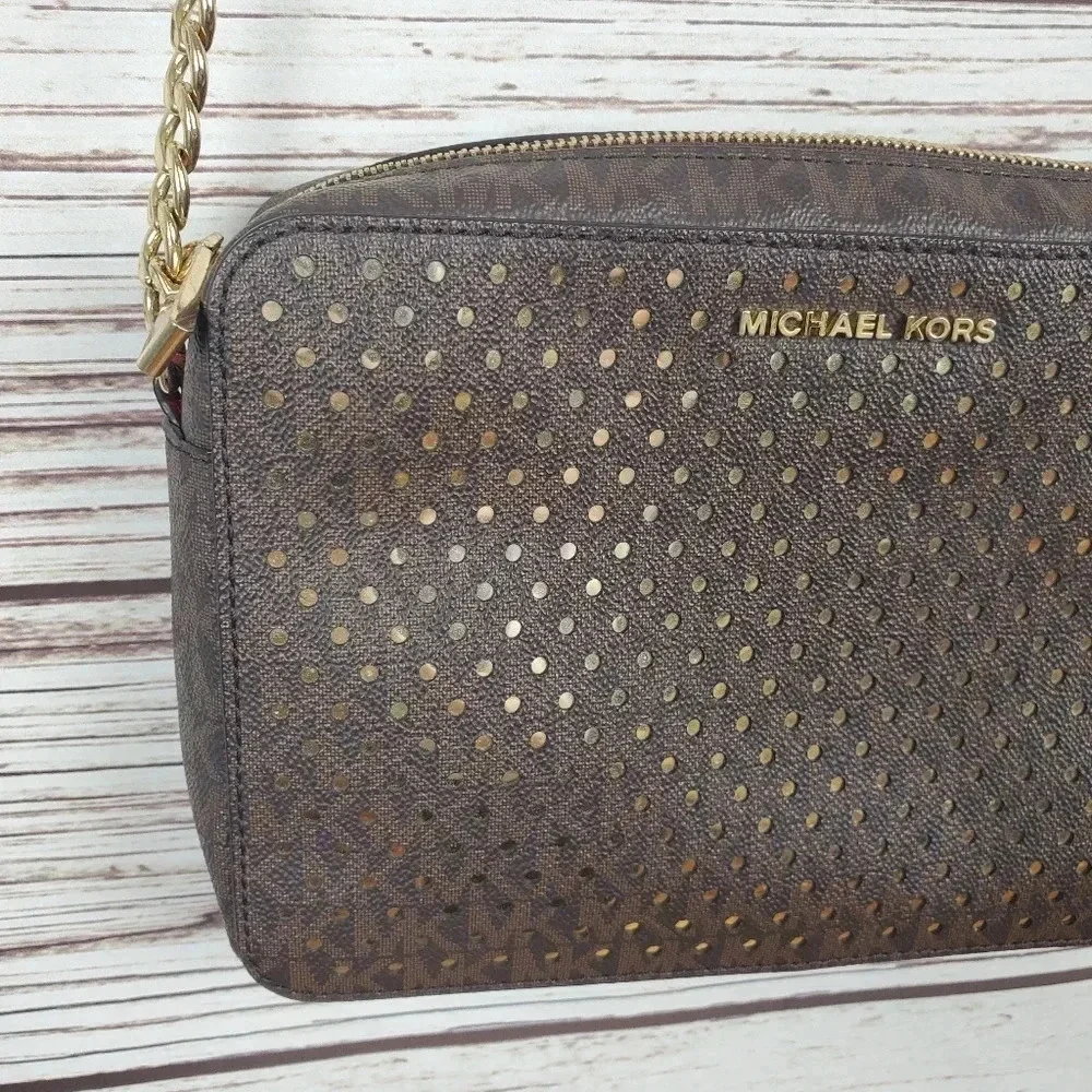 Michael Kors Jet Set East West Signature Brown/Red/Gold Perforated Crossbody Bag